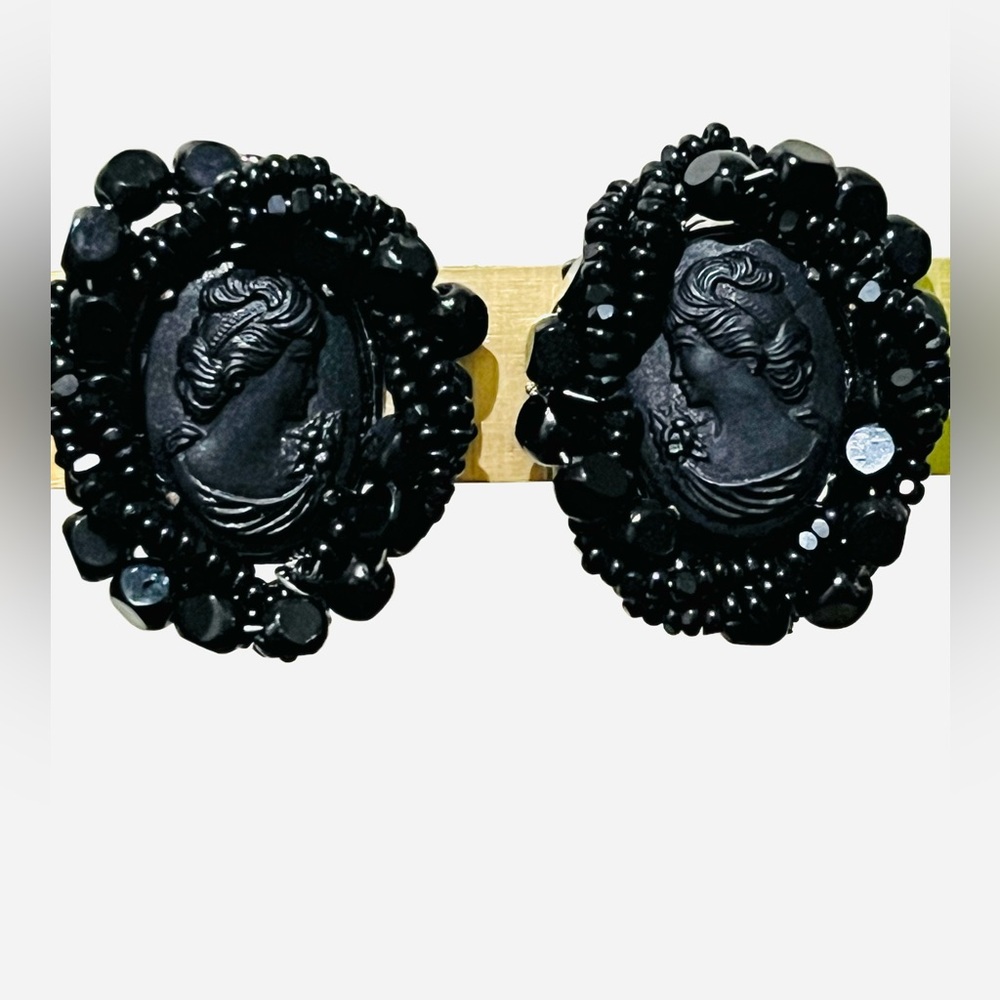 Mourning cameo Victorian style clip earrings in black silhouette